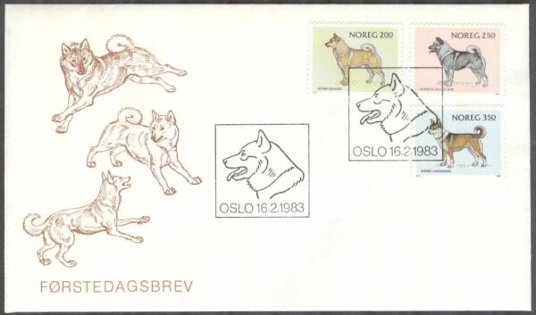 Norge - FDC 1983-02-16 - Hundar bla Norsk Buhund, 3 kpl Vinjett 1