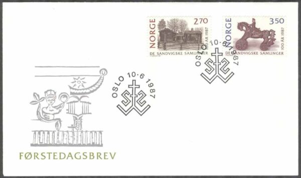 Norge - FDC 1987-06-10 - Sandvigs samlingar 100 år bla Byggnader, 2 kpl Vinjett 1