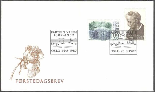 Norge - FDC 1987-08-25 - Fartein Valen 100 år - Kompositör - Musik, 2 kpl Vinjett 1