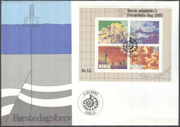Norge - FDC 1985-10-04 - Norskt arbetsliv I bla Oljeborrning, Block Vinjett 1