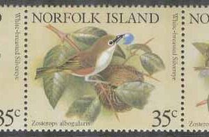 Norfolk Island – M  271-275 Fåglar – Vitbröstad paradisfågel, 5-strip kpl **