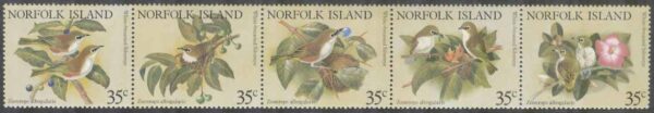 Norfolk Island - M  271-275 Fåglar - Vitbröstad paradisfågel, 5-strip kpl **