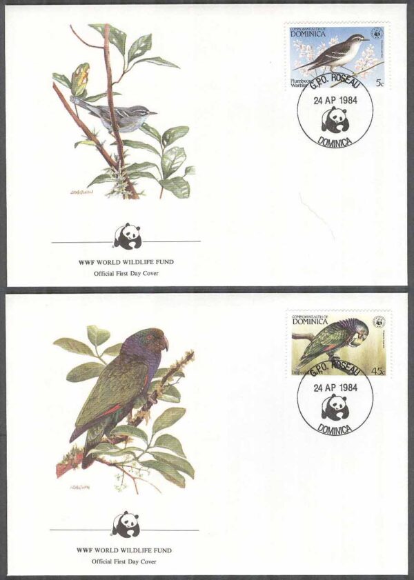 Dominica - FDC - 1984-04-24 Fåglar bla Papegojor - Naturskydd - WWF, 4 kpl