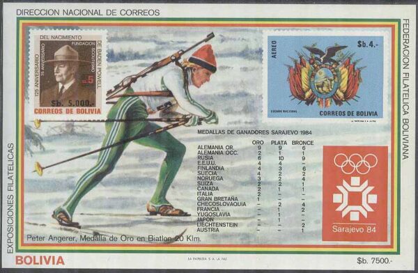 Bolivia - M BL 141  OS i Sarajevo 1984 P Angerer segrare i Skidskytte, Block **