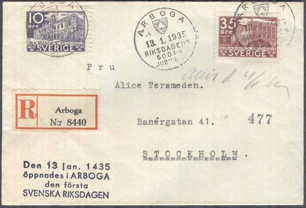 Arboga 13/1-35 Riksdagens 500 års Jubileum 2 frimärken REK