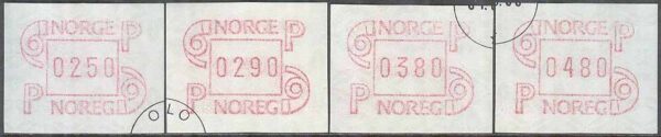 Norge - F EA. 3 Frankeringsetiketter - Två posthorn II, 4 olika