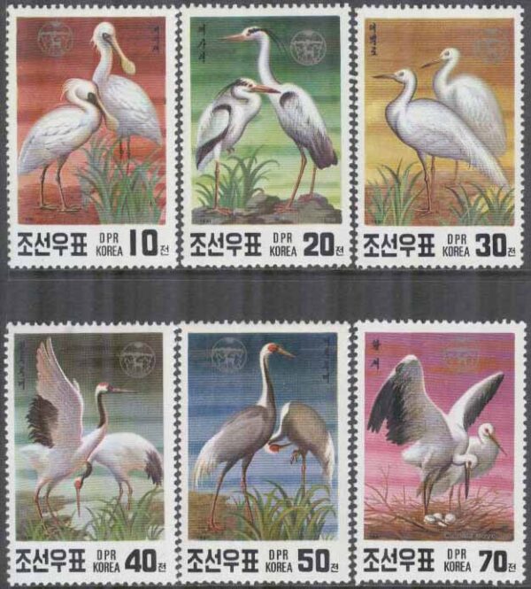 Nordkorea - M 3174-3179 Fåglar bla Amurstork - Naturskydd, 6 kpl **