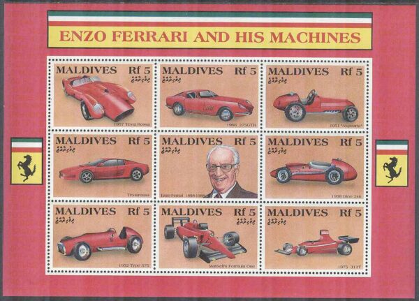 Maldiverna - M 1613-1621 Tävlingsbilar av Enzo Ferrari bla Dino 246, Miniark kpl **
