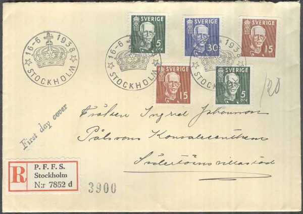 Sverige - FDC 1938-06-16 - Gustaf V 80 år, 5 märk REK+FDC stämp Adressat