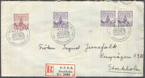 Sverige - FDC 1941-06-18 - Skansenjubiléet, 4 kpl REK + Adressat