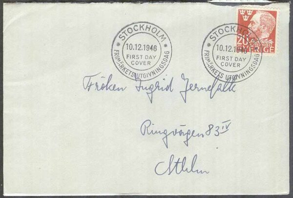 Sverige - FDC 1946-12-10 - Alfred Nobel, 20 öre, Adressat