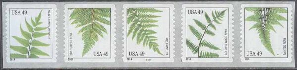 USA - M 5041-5045 Växter - Ormbunkar bla Amerikanskt träjon, 5-strip kpl **