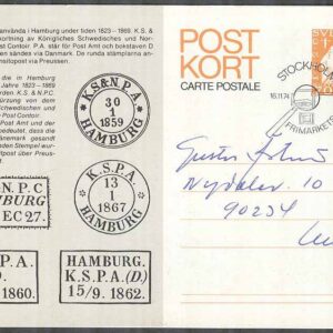 F pKe 65 – Postkort enkelt Tilltryck Frimärkets Dag stpl Stockholm 16/11-74 Adressat