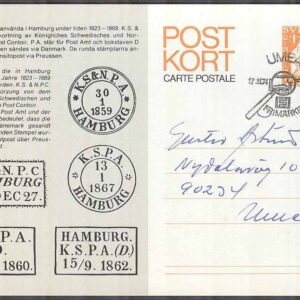 F pKe 65 – Postkort enkelt Tilltryck Frimärkets Dag stpl Umeå 17/11-74 FD Adressat