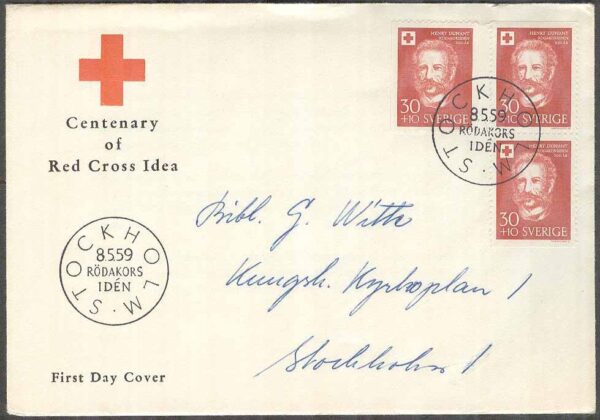 Sverige - FDC 1959-05-08 - Röda Korset 100 år, 3 kpl Vinjett 2a Adressat