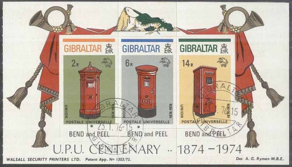 Gibraltar - M  310-312 B Världspostföreningen UPU 100 år - Postlådor, HBL kpl stpl