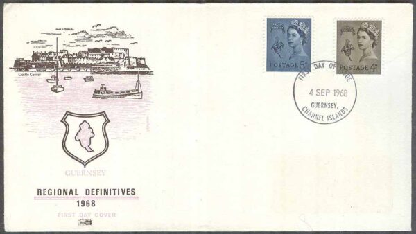 Guernsey - FDC 1968-09-04 - Drottning Elisabeth II, 2 kpl Vinjett