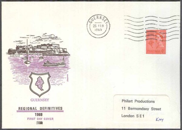 Guernsey - FDC 1969-02-26 - Drottning Elisabeth II, 1 kpl  Vinjett Adressat