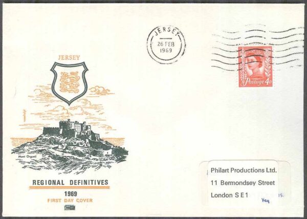 Jersey - FDC 1969-02-26 - Drottning Elisabeth II, 1 kpl Vinjett  Adressat