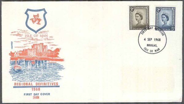 Isle of Man - FDC 1968-09-04 - Drottning Elisabeth II, 2 kpl Vinjett