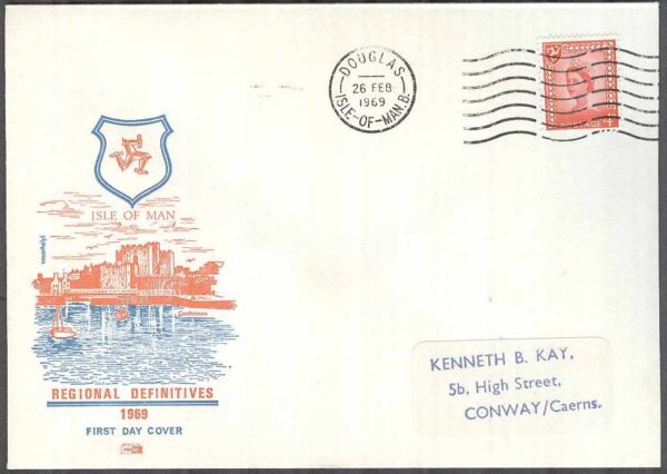 Isle of Man - FDC 1969-02-26 - Drottning Elisabeth II, 1 kpl  Vinjett Adressat