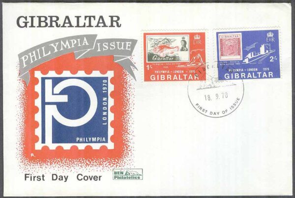 Gibraltar - FDC 1970-09-18 - Utställning PHILYMPIA - Frimärke på Frimärke, 2 kpl Vinjett