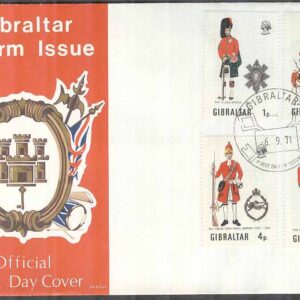 Gibraltar – FDC 1971-09-06 – Militäruniformer III bla Black Watch, 4 kpl Vinjett
