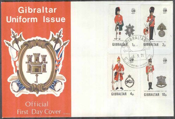 Gibraltar - FDC 1971-09-06 - Militäruniformer III bla Black Watch, 4 kpl Vinjett