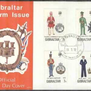 Gibraltar – FDC 1972-07-19 – Militäruniformer IV bla Royal Navy, 4 kpl Vinjett