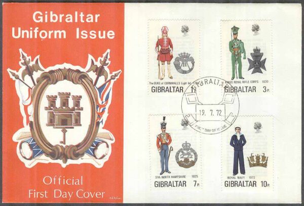 Gibraltar - FDC 1972-07-19 - Militäruniformer IV bla Royal Navy, 4 kpl Vinjett