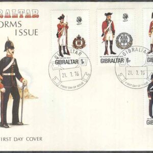 Gibraltar – FDC 1976-07-21 – Militäruniformer VIII bla East Suffolk, 4 kpl Vinjett