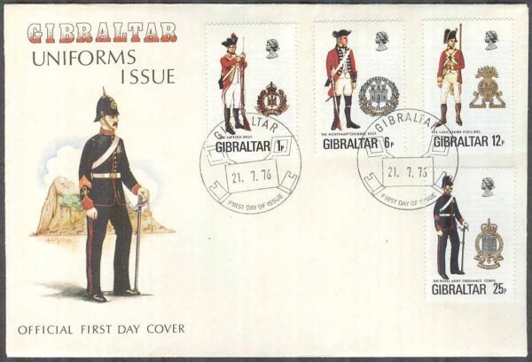 Gibraltar - FDC 1976-07-21 - Militäruniformer VIII bla East Suffolk, 4 kpl Vinjett