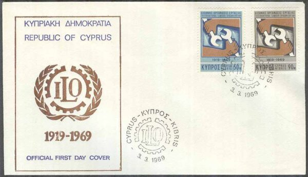 Cypern - FDC 1969-03-03 - Int. arbetarorganisationen ILO 50 år, 2 kpl Vinjett