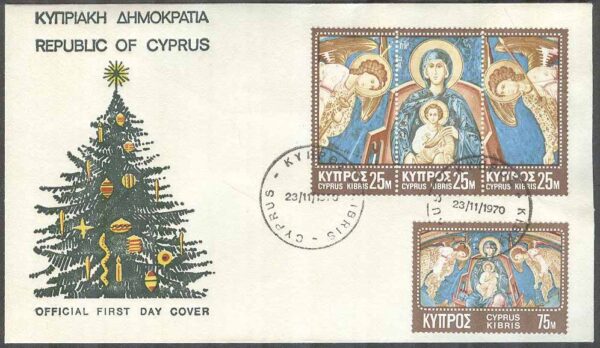 Cypern - FDC 1970-11-23 - Jul 1970 - Konst - Jungfru Maria, 1 + 3-strip kpl Vinjett