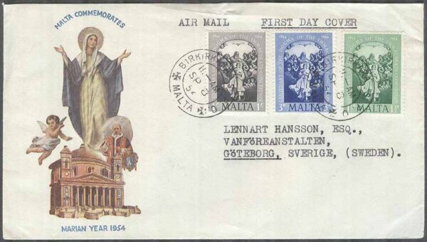 Malta - FDC 1954-09-08 - Konst - Mariaåret 1954, 3 kpl Vinjett Adressat