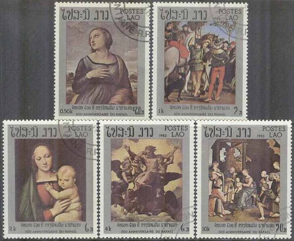 Laos - M  631-633, 635-636 Raffael 500 år - Konstnär, 5 olika stpl