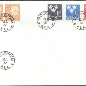 Sverige – FDC 1967-01-12 – G VI Adolf Tre kronor 5 kpl Stämpel 23 mm