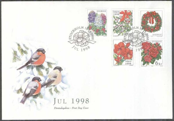 Sverige - FDC 1998-11-19 - Julpost 1998 - Blommor & Fåglar, 5 kpl Vinjett 1
