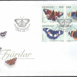 Sverige – FDC 1999-08-12 – Fjärilar Sverige – Singapore, 4-Block kpl Vinjett 1