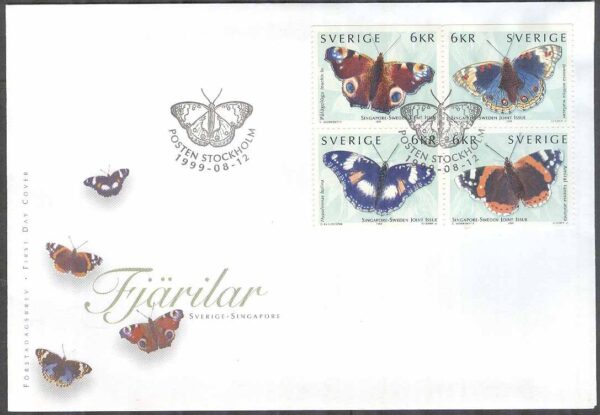 Sverige - FDC 1999-08-12 - Fjärilar Sverige - Singapore, 4-Block kpl Vinjett 1