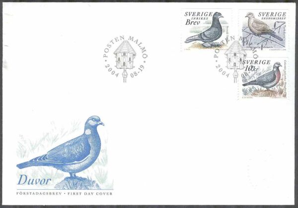 Sverige - FDC 2004-08-19 - Fåglar - Duvor, 3 kpl Vinjett 1