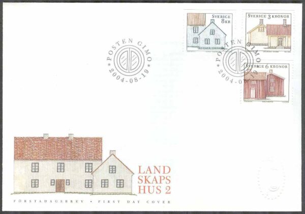 Sverige - FDC 2004-08-19 - Landskapshus 2, 3 kpl Vinjett 1