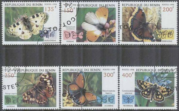 Benin - M 1070-1075 Fjärilar, bl.a. Gulfläckig glanssmygare, 6 kpl stpl