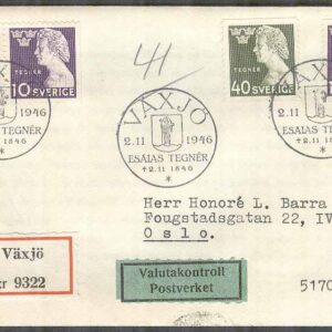 Sverige – FDC 1946-11-02 – Esaias Tegnér, 4 kpl REK + Adressat Valutakontroll