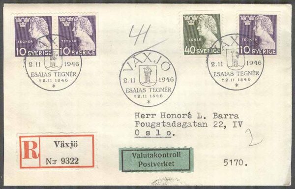 Sverige - FDC 1946-11-02 - Esaias Tegnér, 4 kpl REK + Adressat Valutakontroll