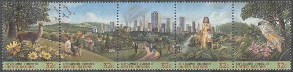 FN New York - M  711-715 Toppmöte om Storstäder - Djur & Blommor, 5-strip kpl **
