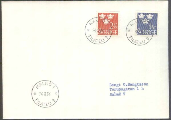 Sverige - FDC 1964-08-24 - Tre Kronor, 2 kpl Privat stämplat Adressat