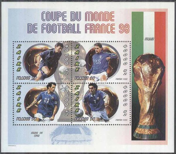 Zaire - M 1215-1218 A VM i Fotboll i Frankrike 1998 - Italienska spelare, Miniark kpl **