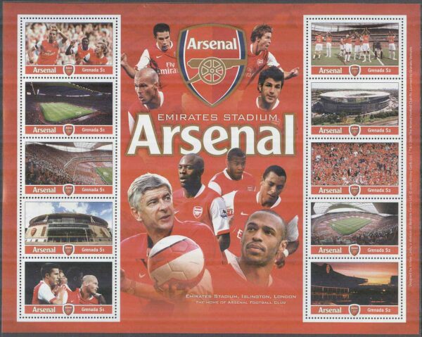 Grenada - M 5821-5830 Brittiska Fotbollslag - Arsenal FC, Miniark kpl **