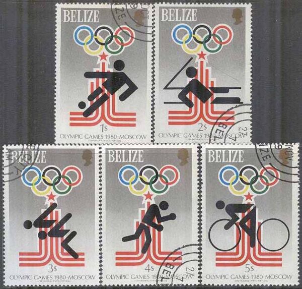 Belize - M 435-439 OS i Moskva 1980 bla Fotboll & Boxning, 5 olika stpl
